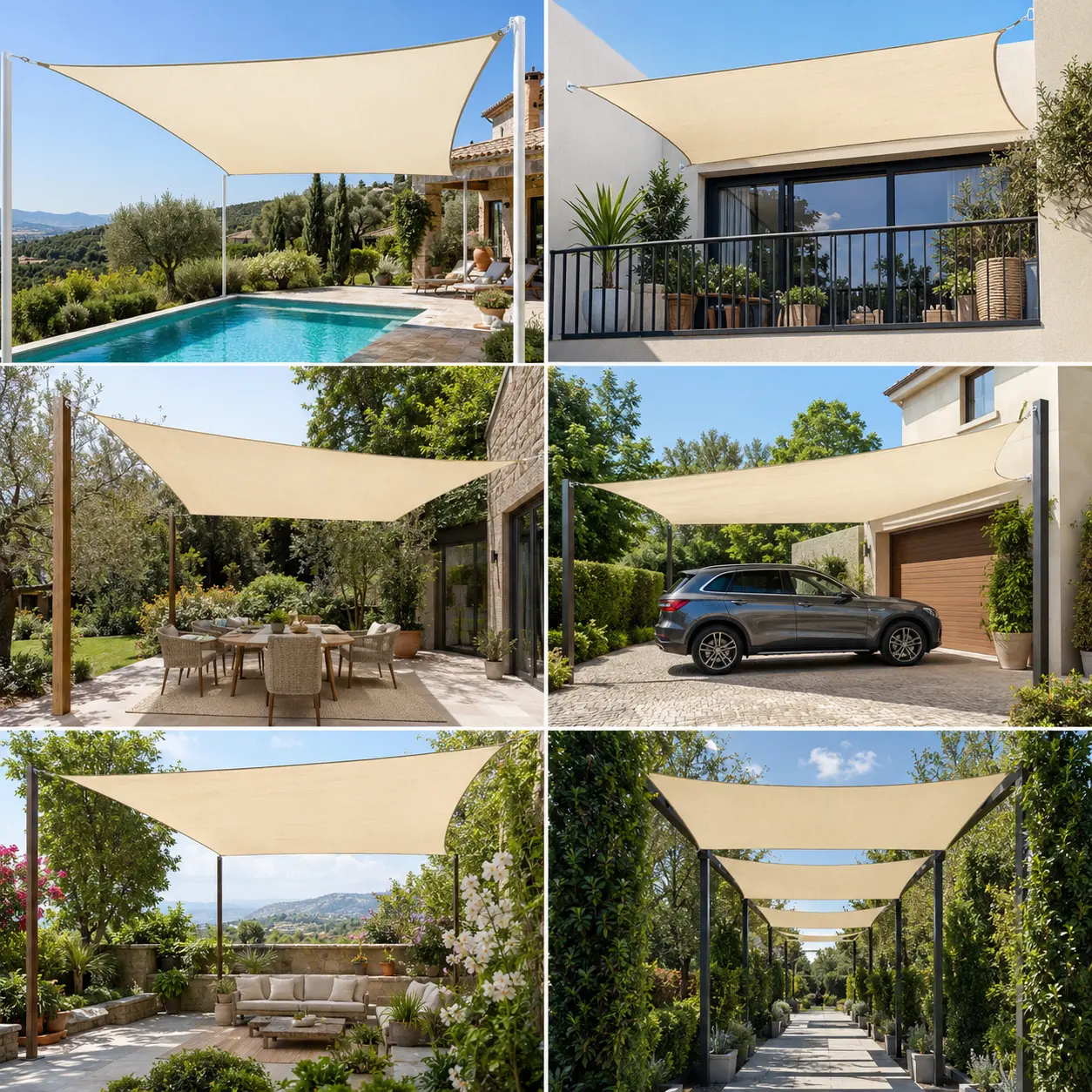 Exemples de voiles rectangulaires installées sur terrasse, balcon et jardin