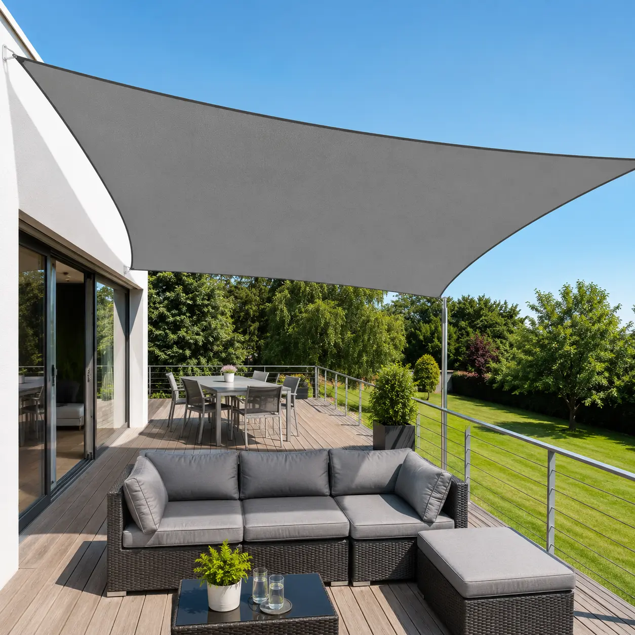 Voile rectangulaire grise installée au-dessus d’un salon de terrasse