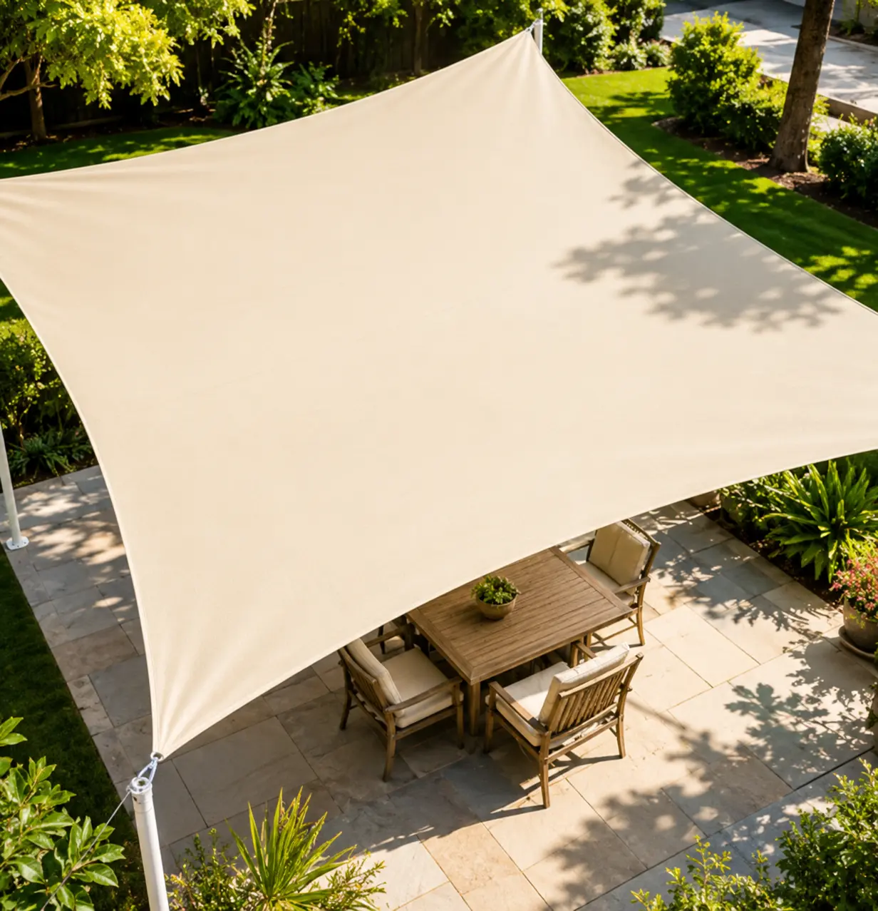 La Riviera beige installée au-dessus d’une table extérieure