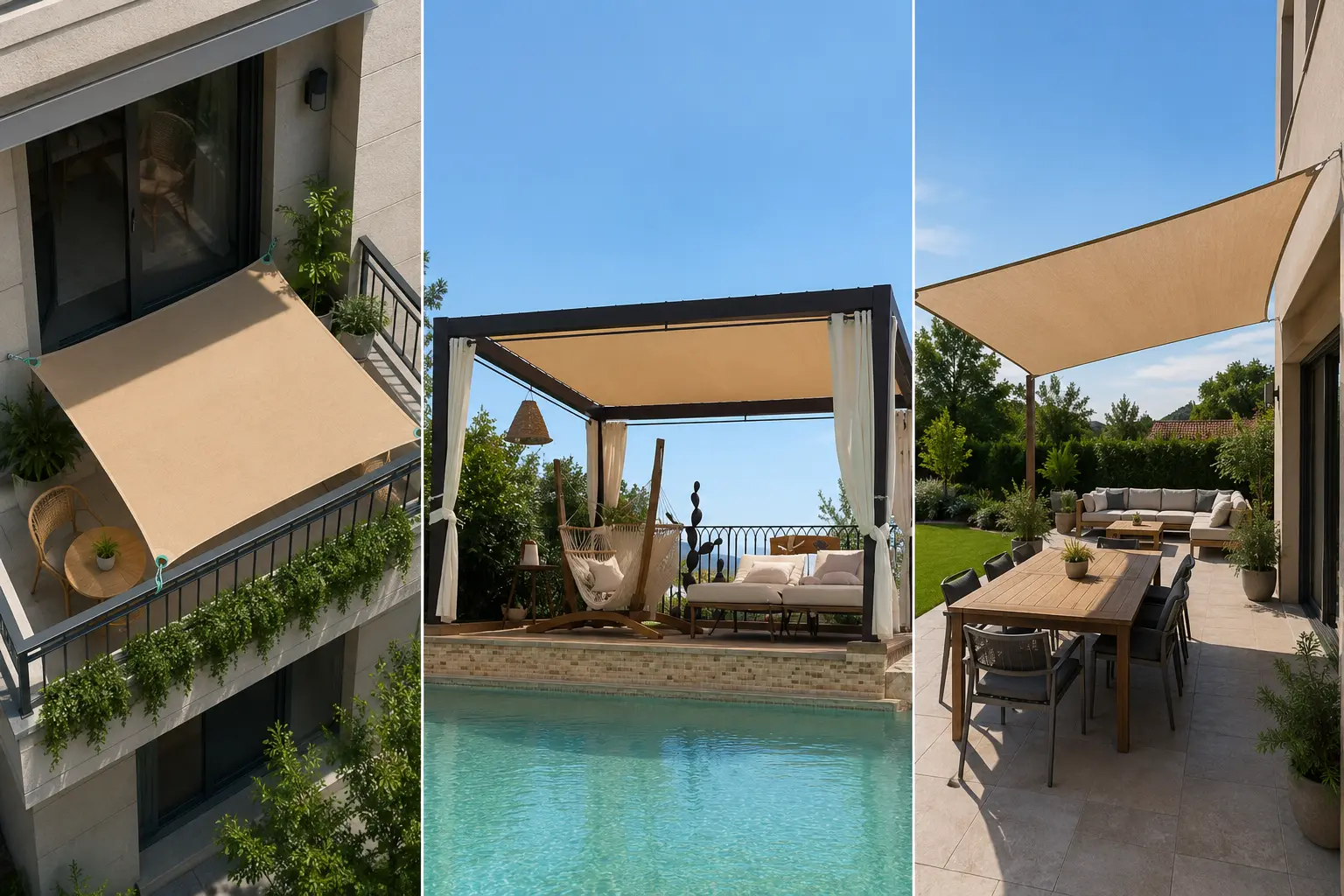 Filets d’ombrage mesh installés sur balcon, pergola et terrasse